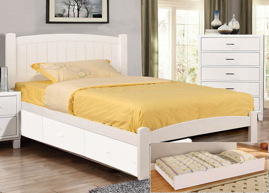 Caren White Wood Full Bed with Trundle