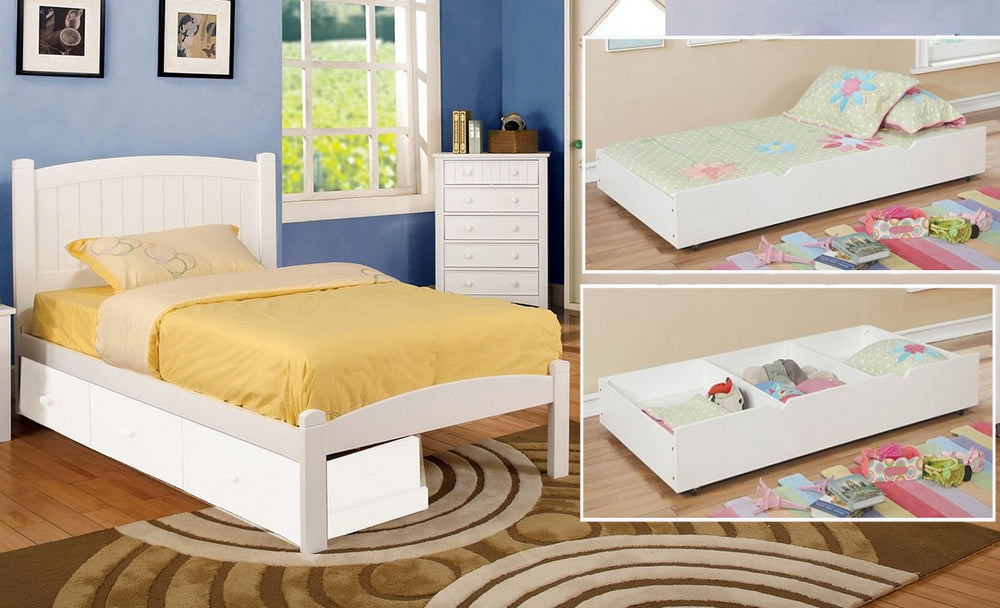 Caren White Wood Twin Bed with Trundle-Drawers