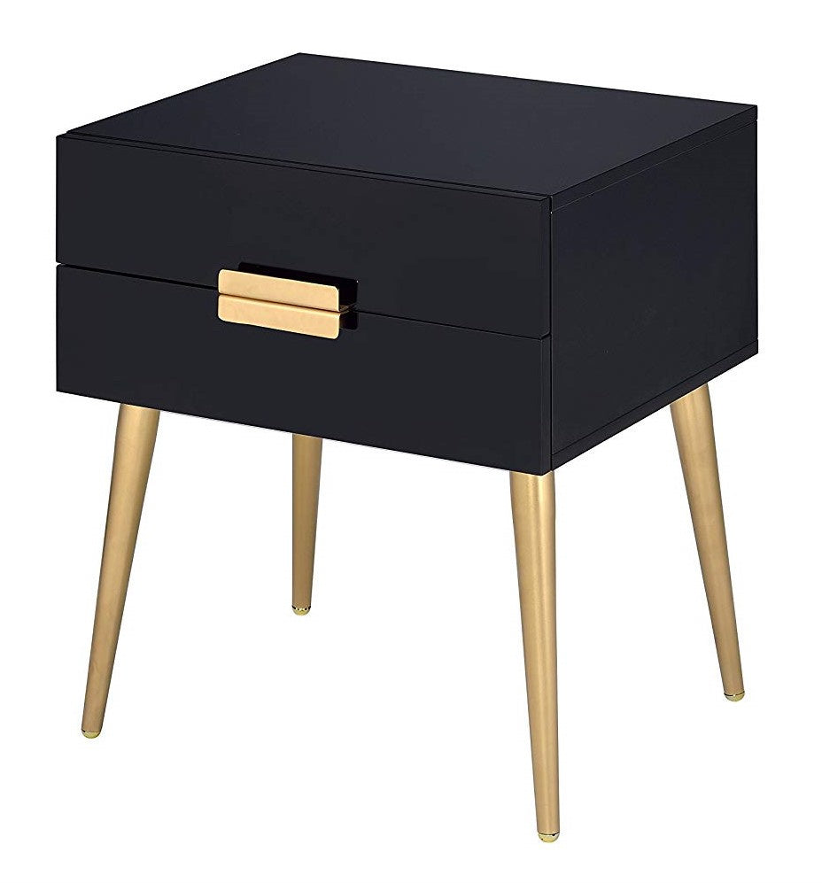 Denvor Black Wood End Table with 2 Drawers & Gold Accents