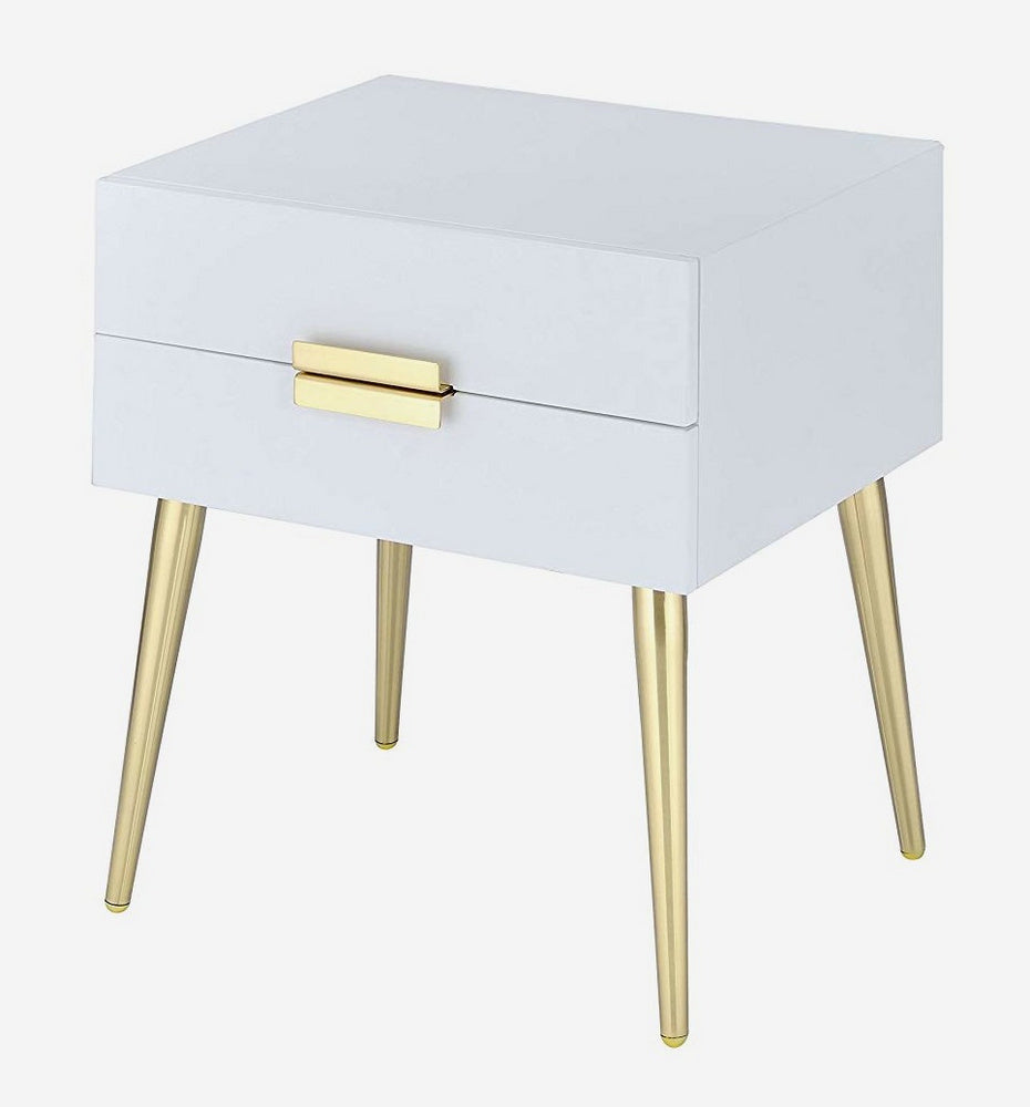 Denvor White Wood End Table with 2 Drawers & Gold Accents