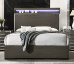 Escher Gray Oak Wood Queen Bed with LED Lighting