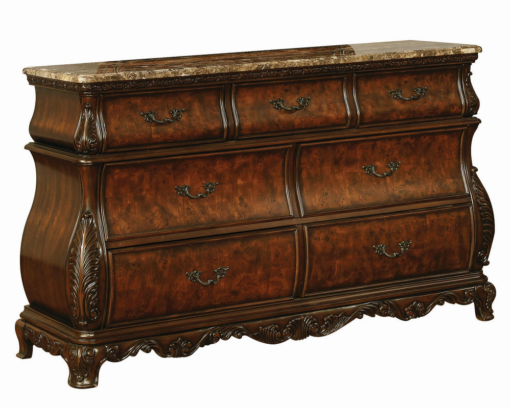 Exeter Dark Burl Wood 7-Drawer Dresser with Marble Top