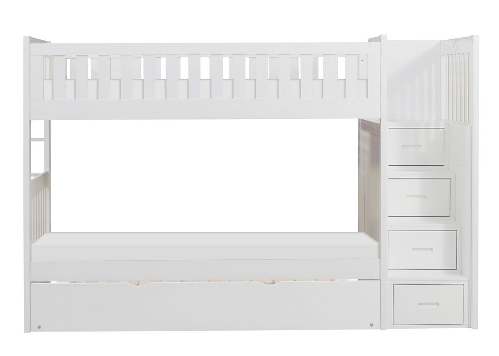 Galen White Wood Twin/Twin Bunk Bed w/ Trundle & Steps