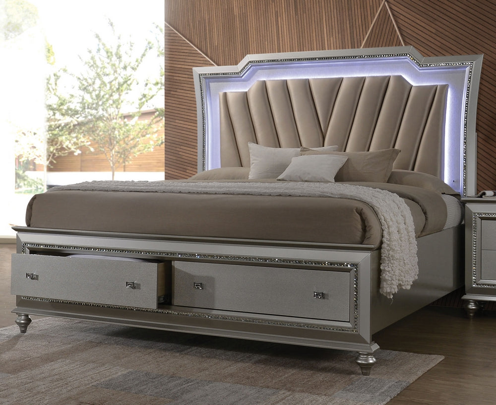Kaitlyn Champagne Wood Cal King Storage Bed with LED (Oversized)