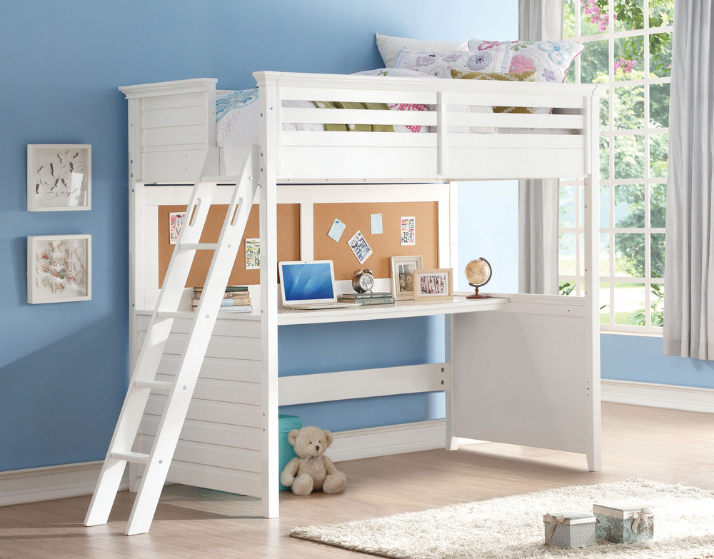 Lacey White Wood Twin Loft Bed with Desk