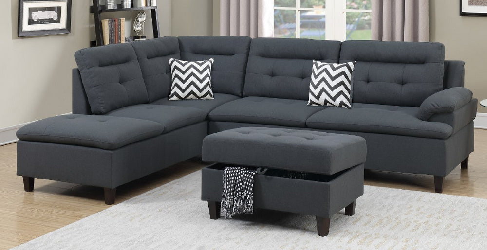 Lettie Charcoal Linen Like Fabric LAF Sectional w/Ottoman