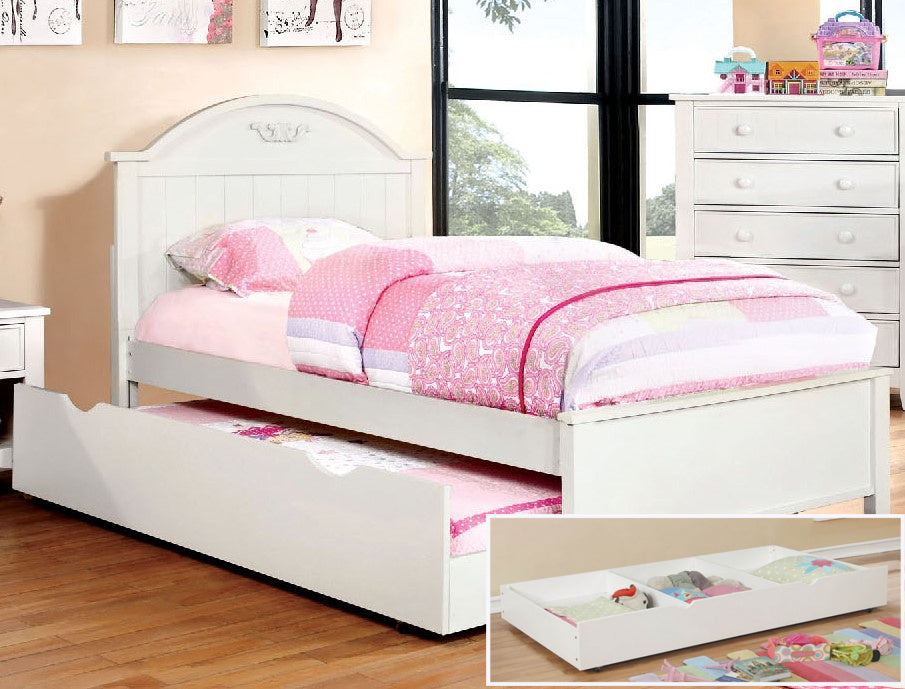 Medina White Wood Twin Bed w/Trundle-Drawers