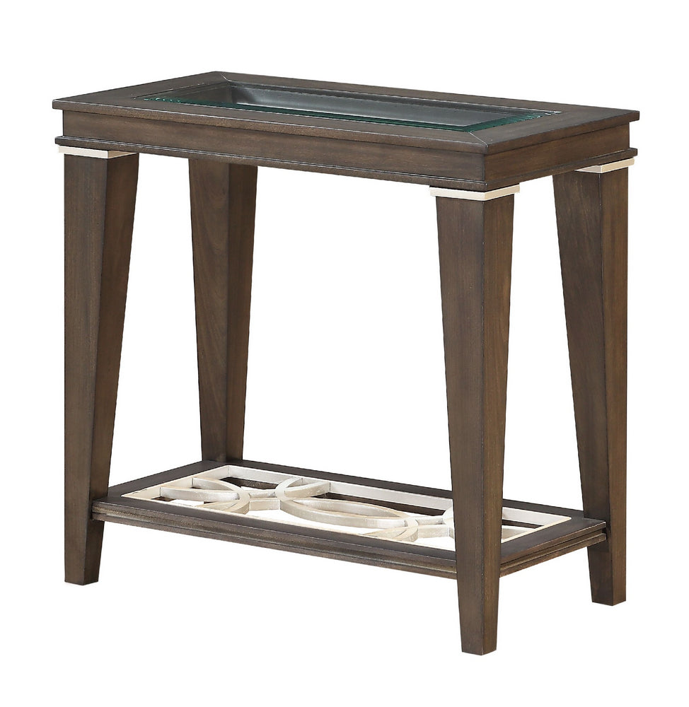 Peregrine Walnut Wood Side Table with Clear Glass Top & Shelf