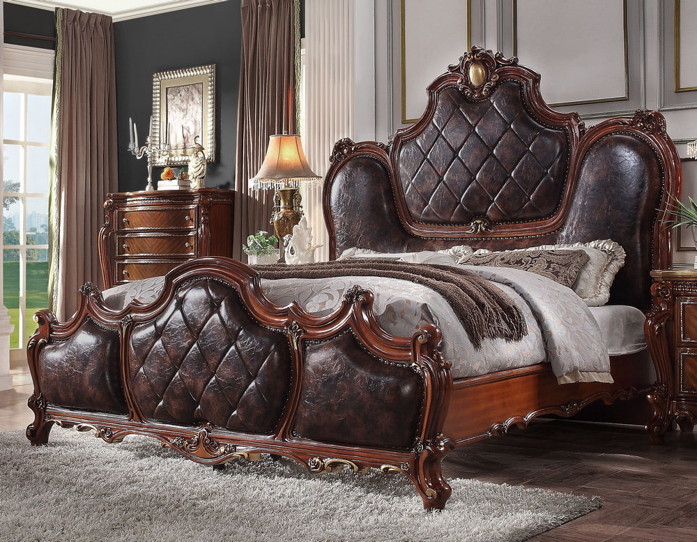 Picardy Cherry Oak Wood/PU Leather Queen Bed (Oversized)