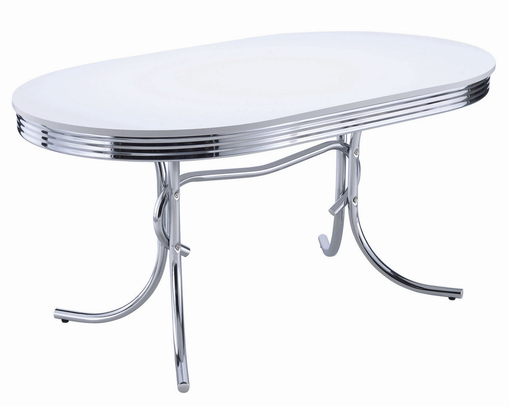 Retro White Wood/Chrome Finished Metal Oval Dining Table