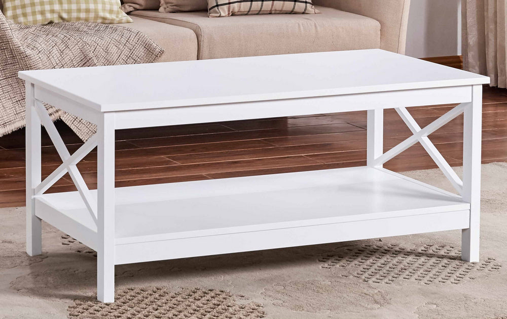 Rosalie White Wood Coffee Table w/Bottom Shelf