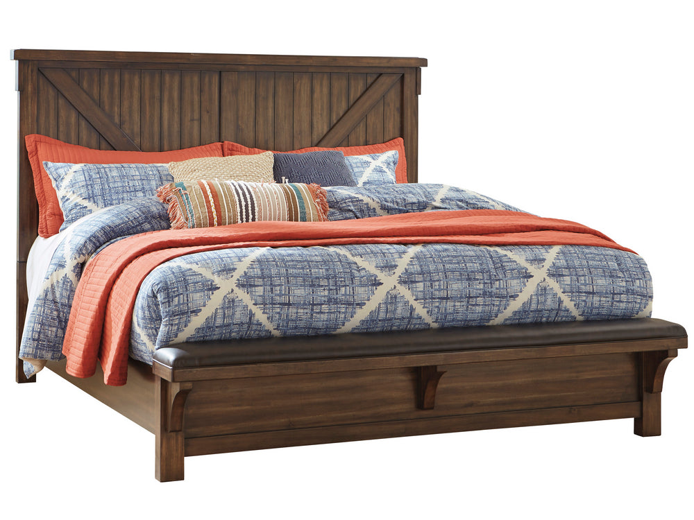 Lakeleigh Brown Wood King Panel Bed with Bench Footboard