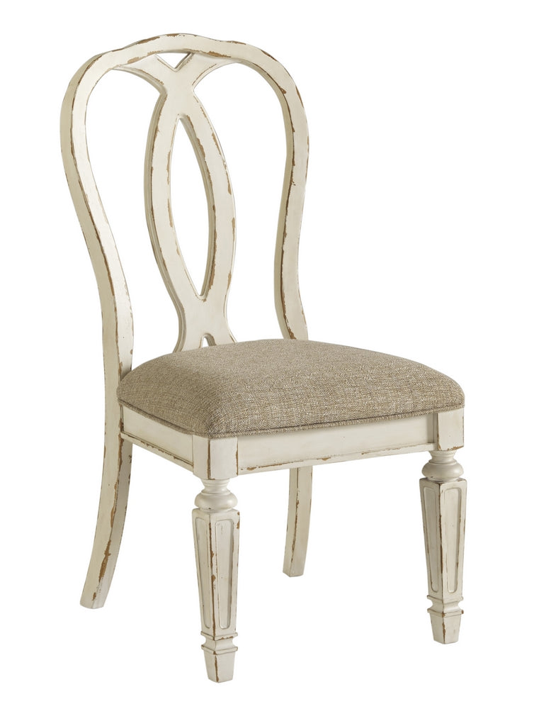 Realyn 2 Chipped White Wood/Neutral Fabric Side Chairs