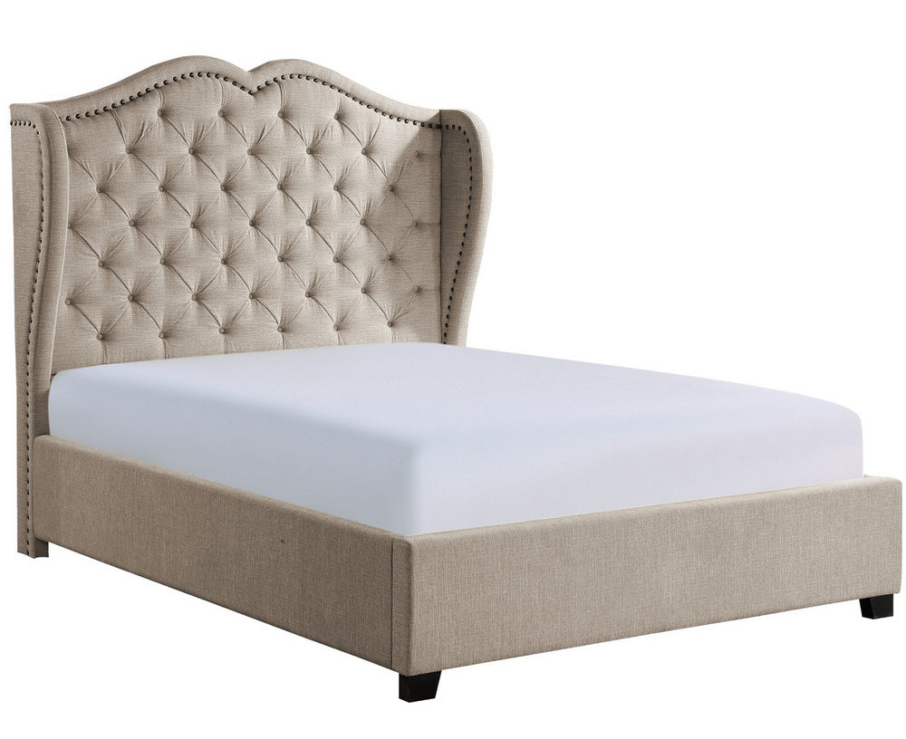 Waterlyn Beige Fabric Button Tufted Queen Bed