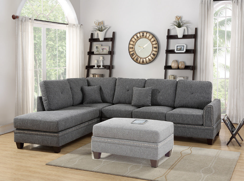 Whitney 2-Pc Ash Black Fabric Reversible Sectional Sofa
