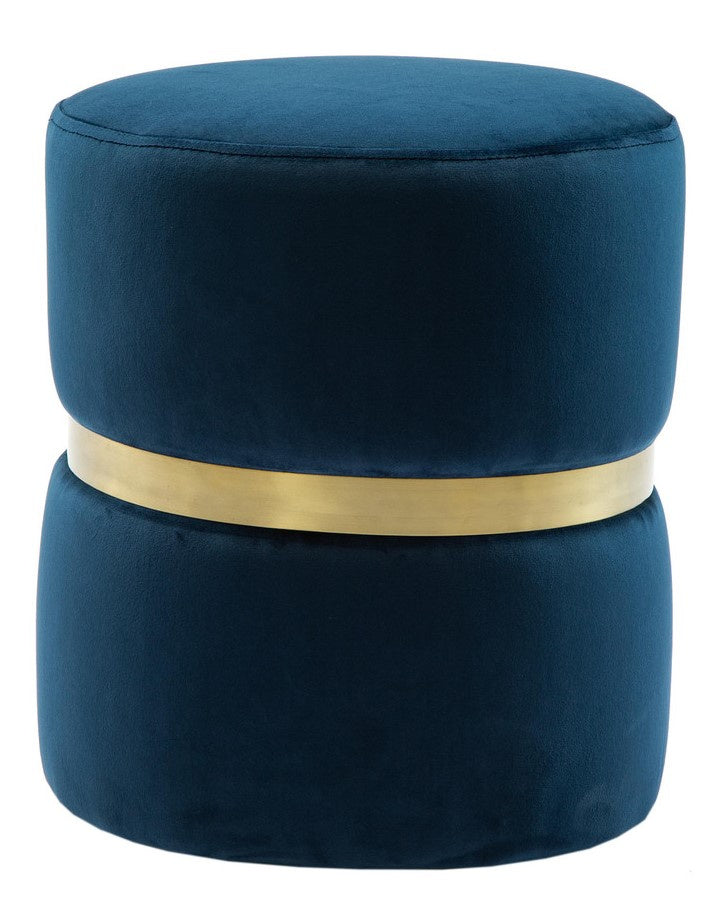 Yamma Navy Soft Velvet Ottoman with Gold Band