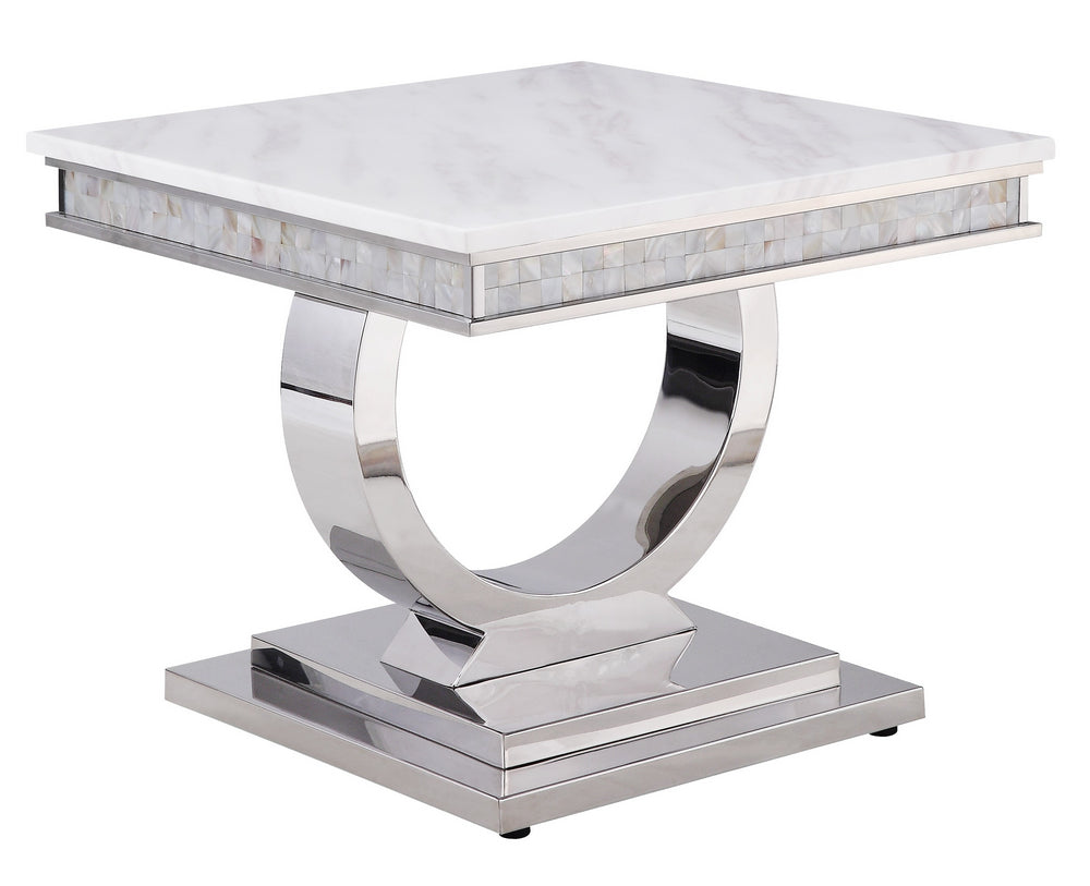 Zander White Printed Faux Marble/Silver Metal End Table