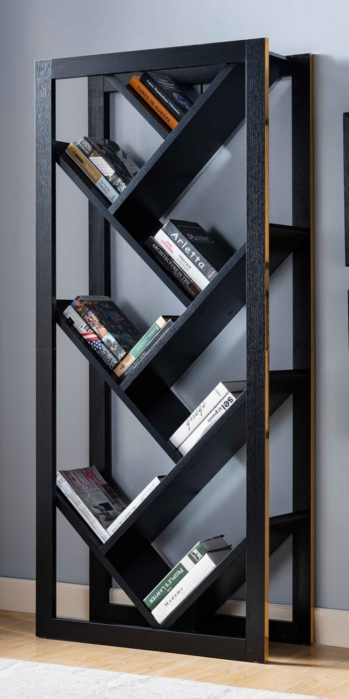 Zedong Black Wood Bookcase with Faux Gold Trim